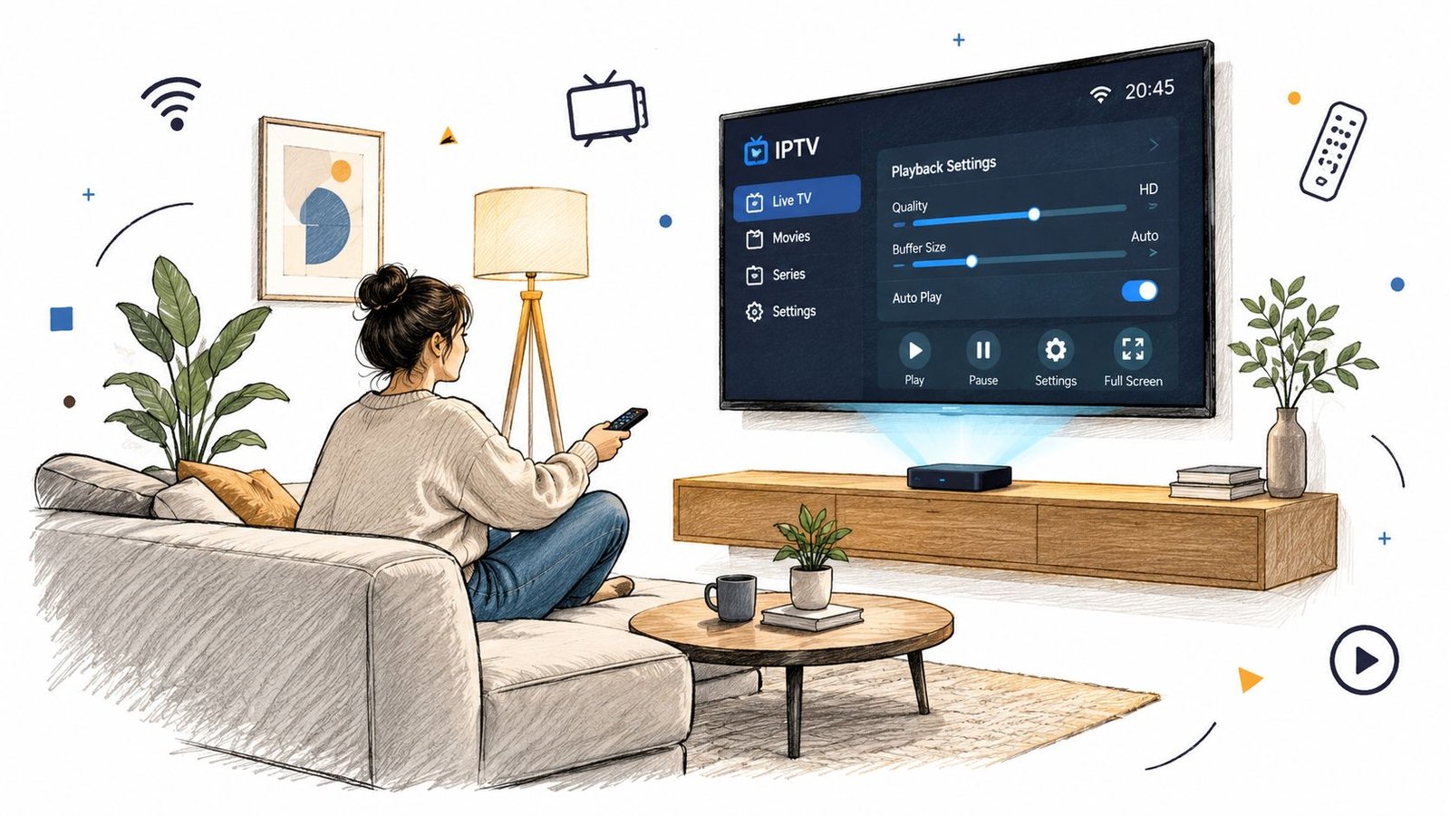 Une femme assise sur un canapé utilise une télécommande pour naviguer sur son application IPTV Android TV.