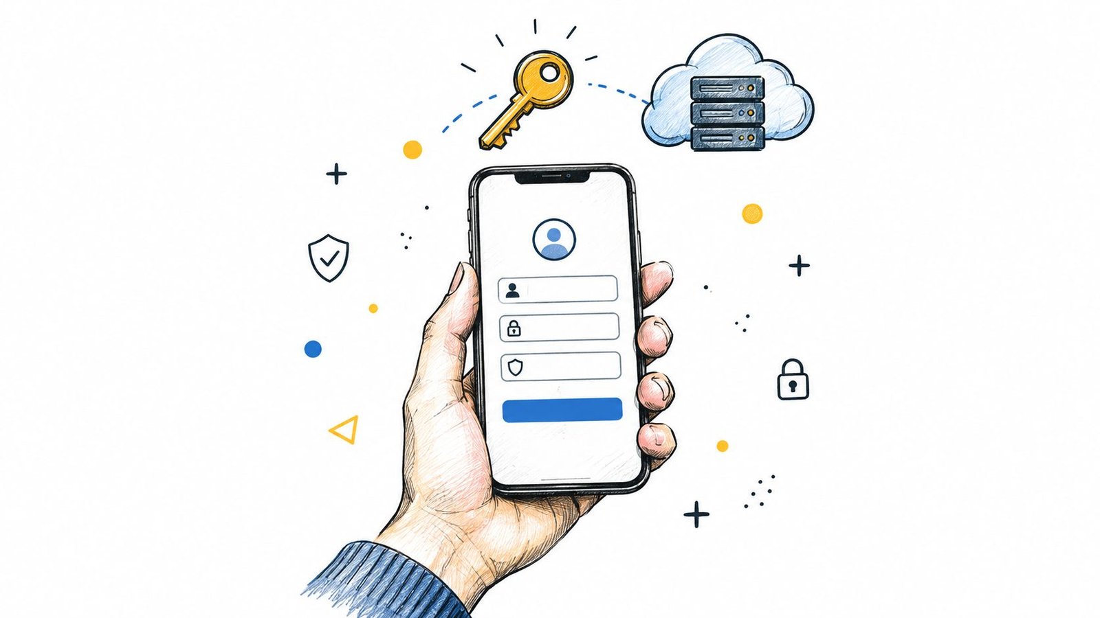 Une main tenant un smartphone affichant une page de connexion sécurisée avec des icônes de protection numérique.