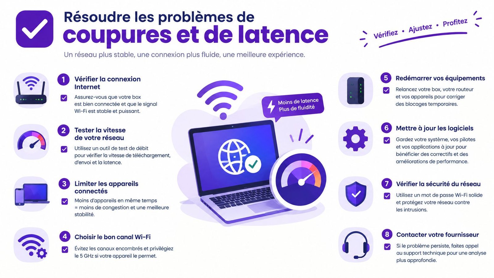 Infographie illustrant huit conseils pratiques pour résoudre les problèmes de coupures et de latence de votre réseau Wi-Fi.