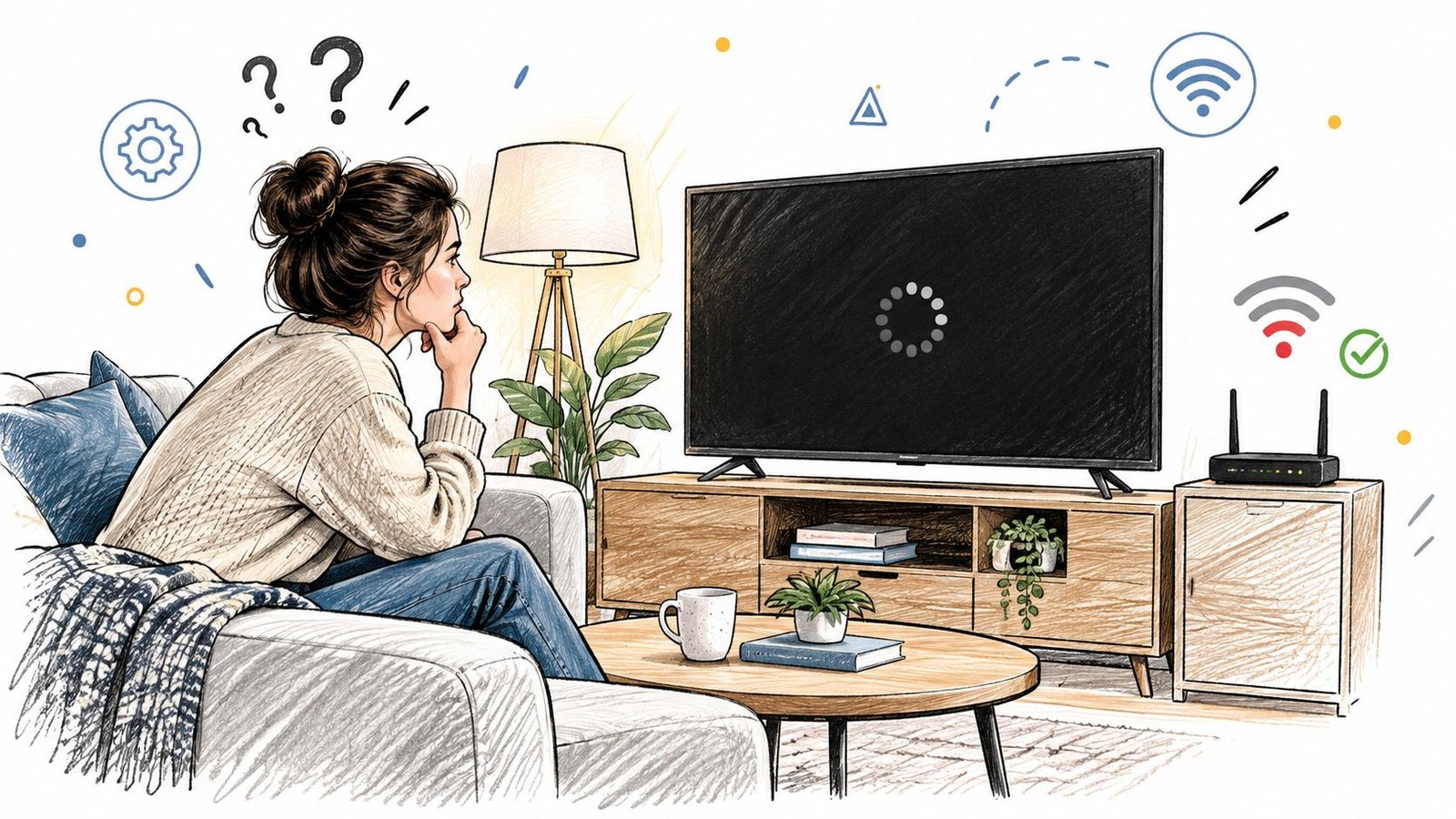 Une femme assise sur un canapé regardant une télévision avec un écran de chargement et un routeur wifi.