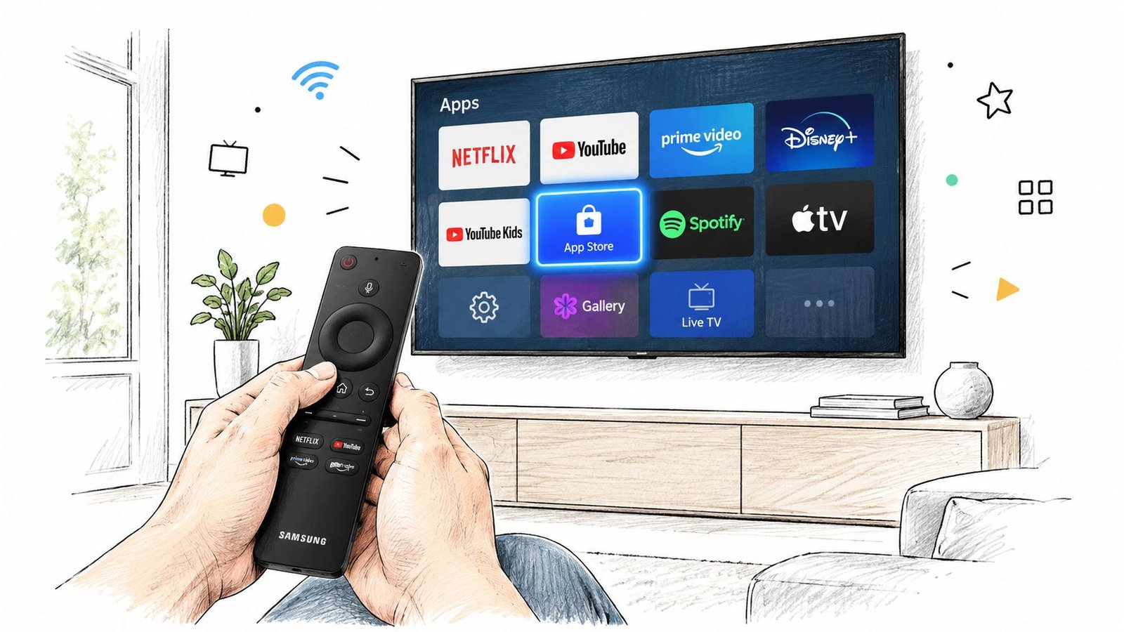 Une main tenant une télécommande Samsung pointée vers un téléviseur affichant une interface d'applications connectées modernes.