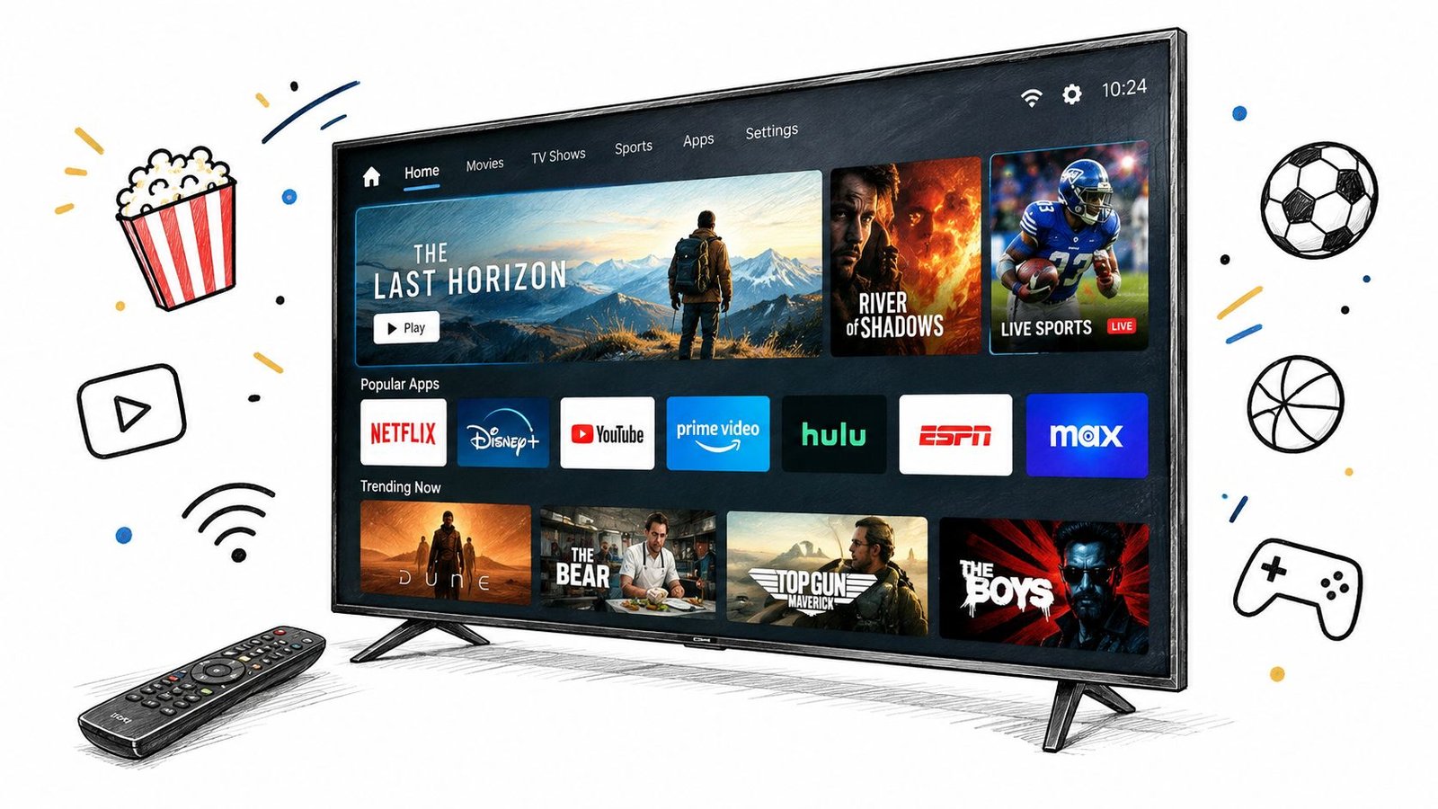 Une télévision intelligente moderne affichant une interface de streaming avec des applications populaires et une télécommande.