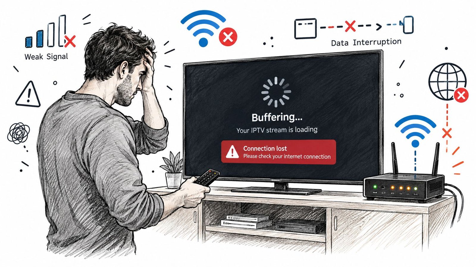 Un homme frustré devant une télévision qui affiche un message d'erreur de connexion IPTV et une mise en mémoire.
