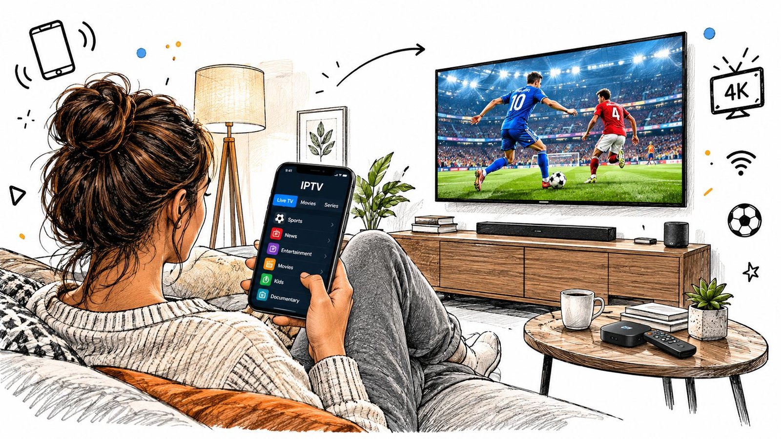 Une femme détendue utilise son smartphone pour contrôler une émission de football sur une télévision grand écran