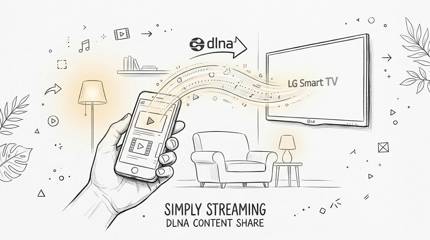 Une main tenant un smartphone diffusant du contenu vidéo sur une télévision intelligente LG via DLNA.