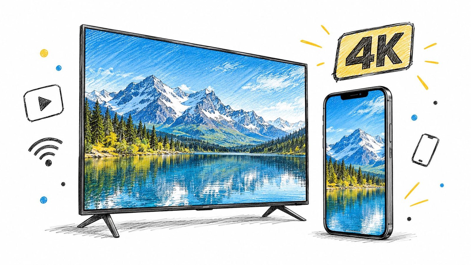 Une télévision et un smartphone affichant un beau paysage naturel pour illustrer les services IPTV 4K.