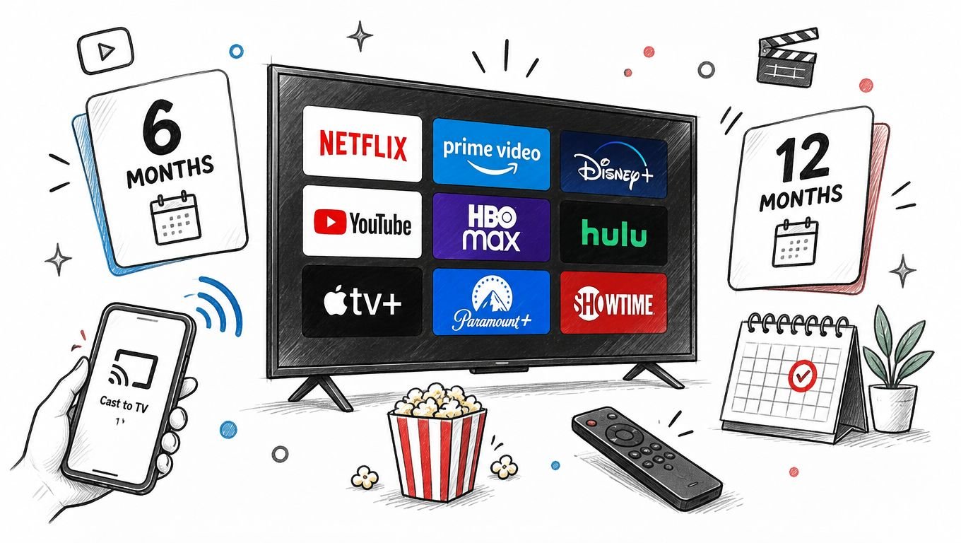 Une télévision entourée d'icônes de services de streaming, d'un smartphone, de pop-corn et de calendriers pour IPTV.