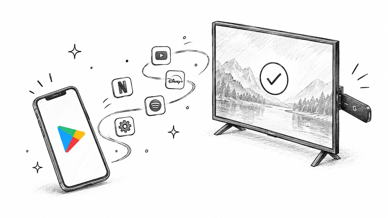 Un smartphone envoyant des applications vers une télévision connectée avec une clé de streaming Google.