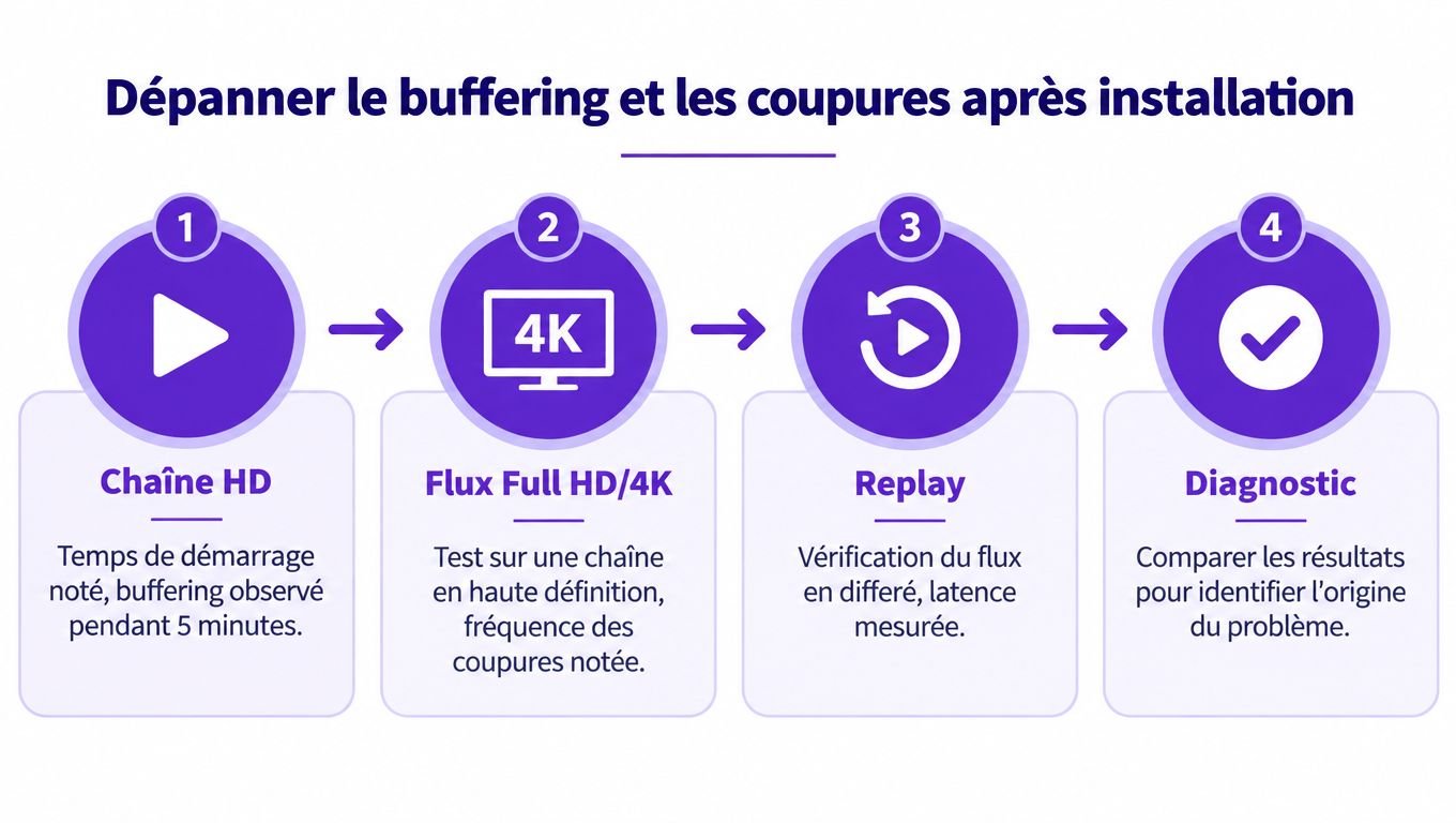 Infographie montrant les quatre étapes pour dépanner le buffering et les coupures après une installation IPTV.
