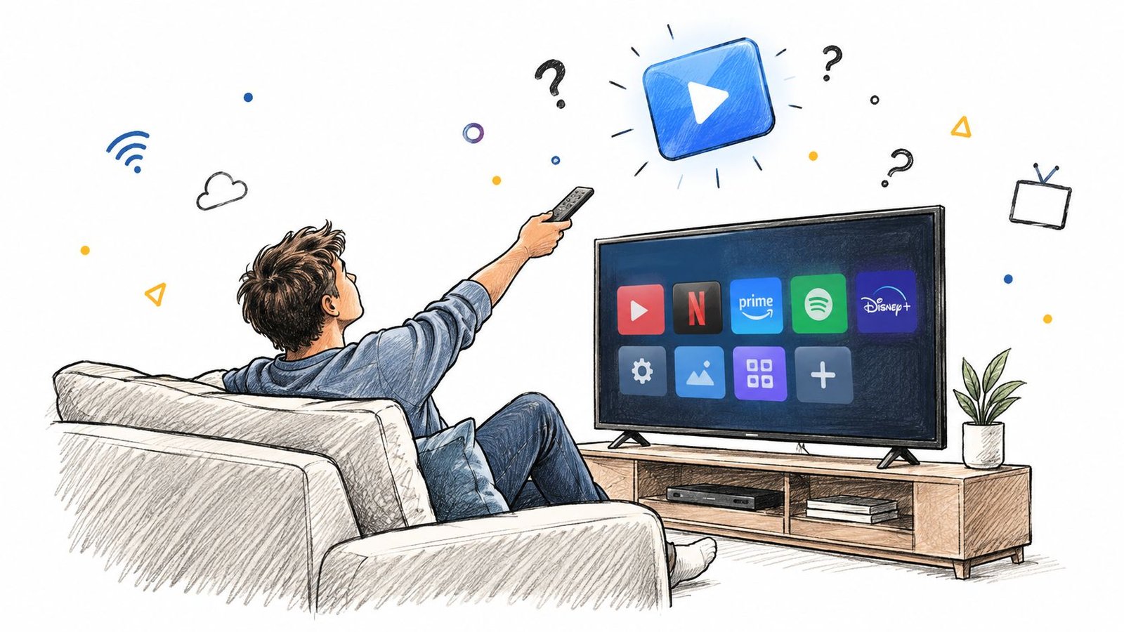 Un jeune homme assis sur un canapé utilise une télécommande pour naviguer sur son téléviseur intelligent.