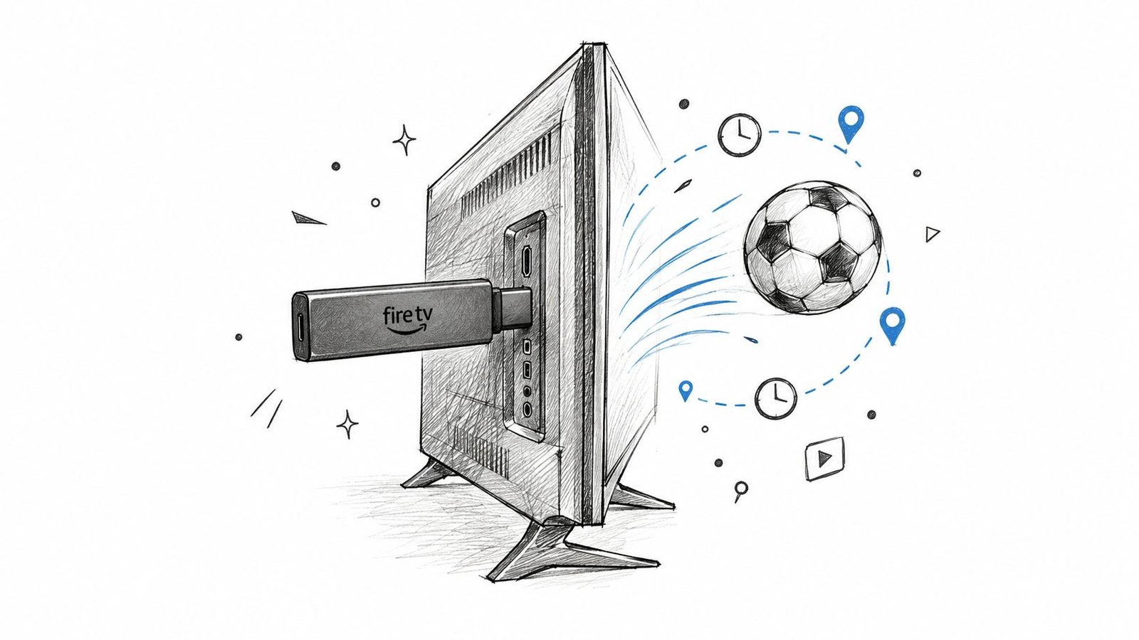 Une clé Amazon Fire TV branchée sur une télévision, illustrant la diffusion de matchs de football en direct.