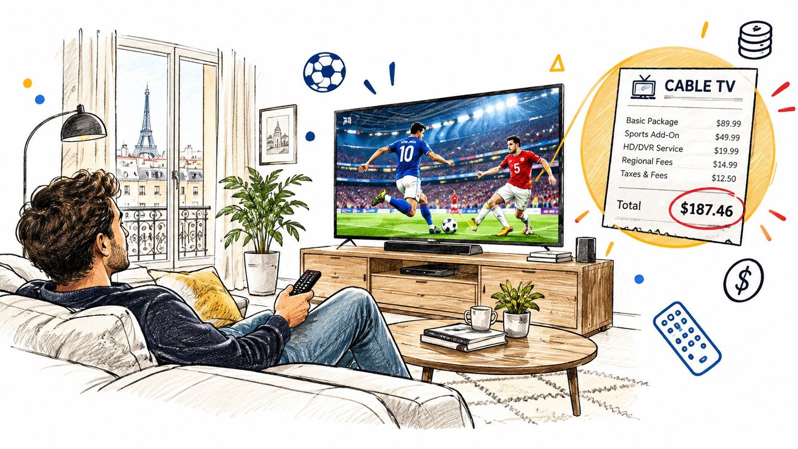 Un homme assis sur son canapé regardant un match de football à la télévision dans un salon.