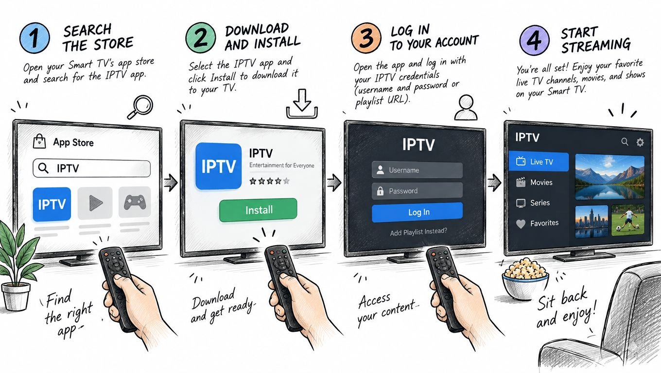 Une illustration montrant les quatre étapes pour installer et utiliser une application IPTV sur une télévision intelligente.