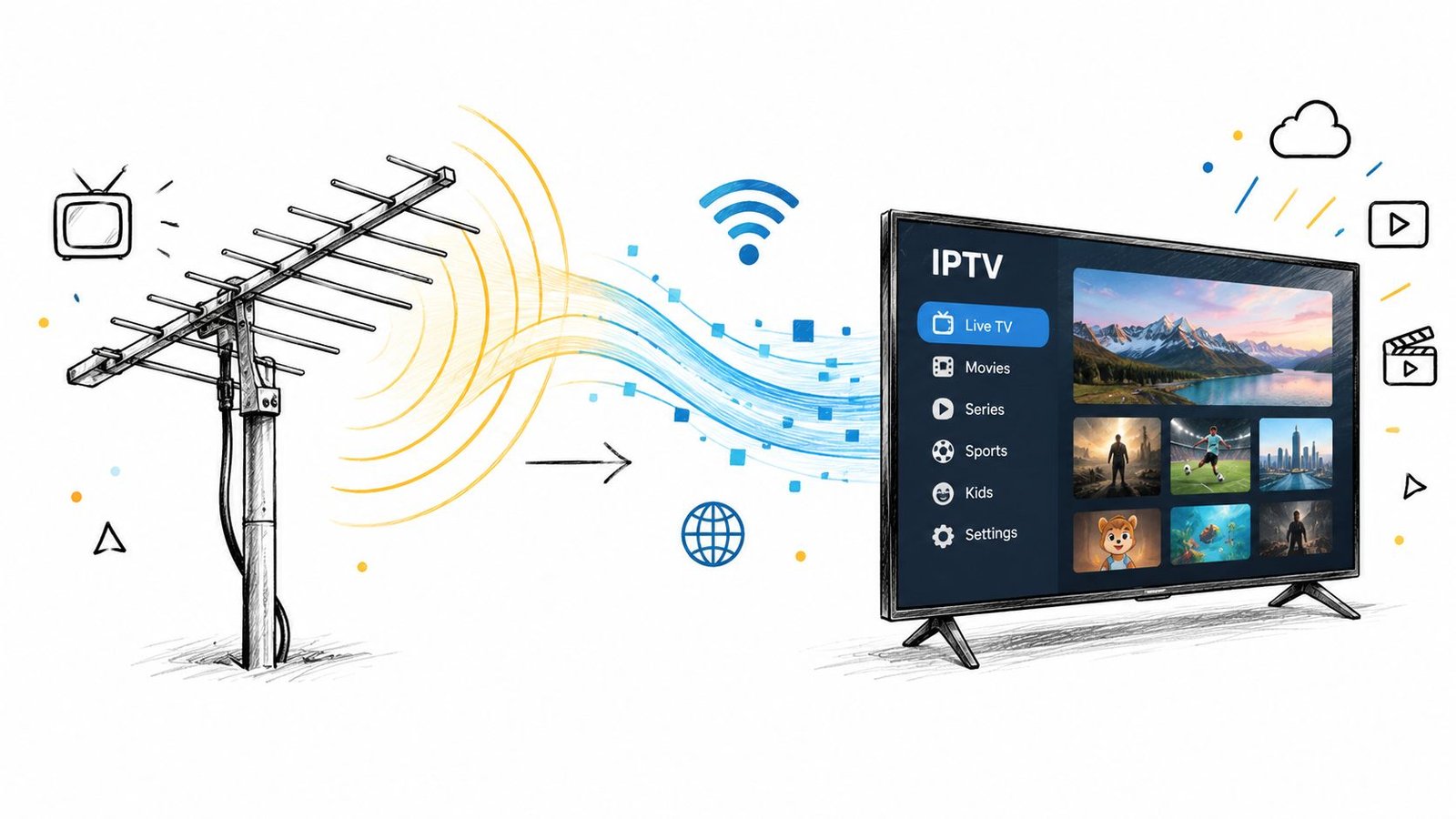 Une illustration montrant une antenne diffusant des données vers une télévision intelligente affichant une interface IPTV moderne.