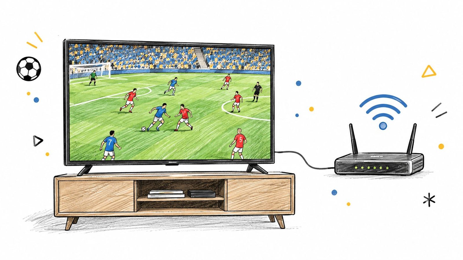 Une télévision diffusant un match de football en direct connectée à un routeur internet Wi-Fi moderne.