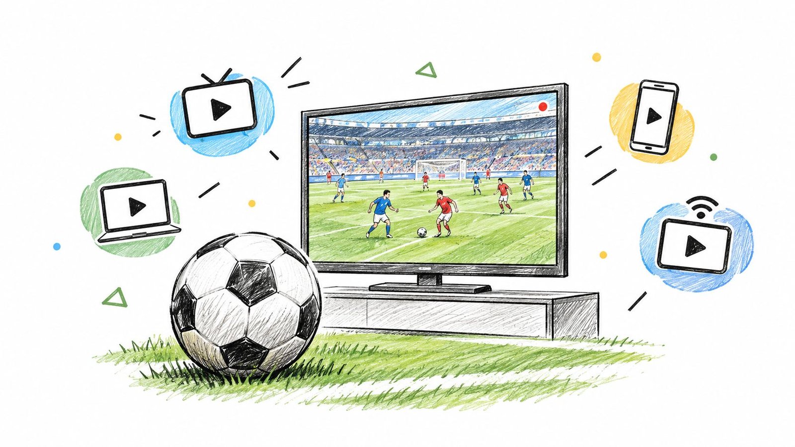 Illustration montrant la diffusion de matchs de football en direct sur divers appareils numériques et télévision.