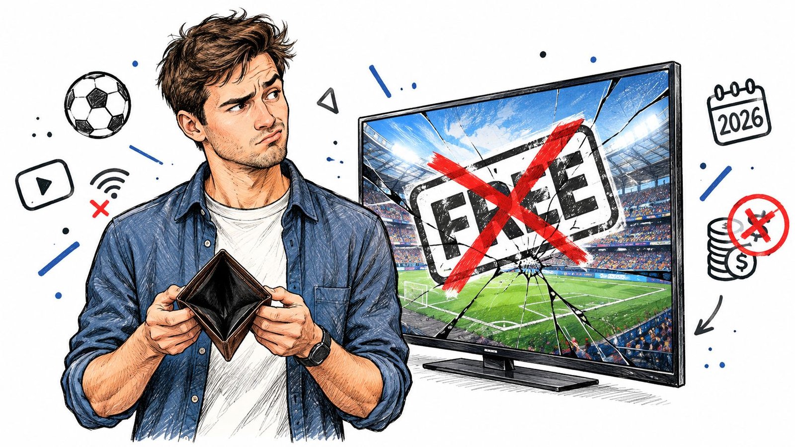 Un jeune homme pensif regarde une télévision diffusant du football avec un signe barré signifiant l'arrêt du gratuit.