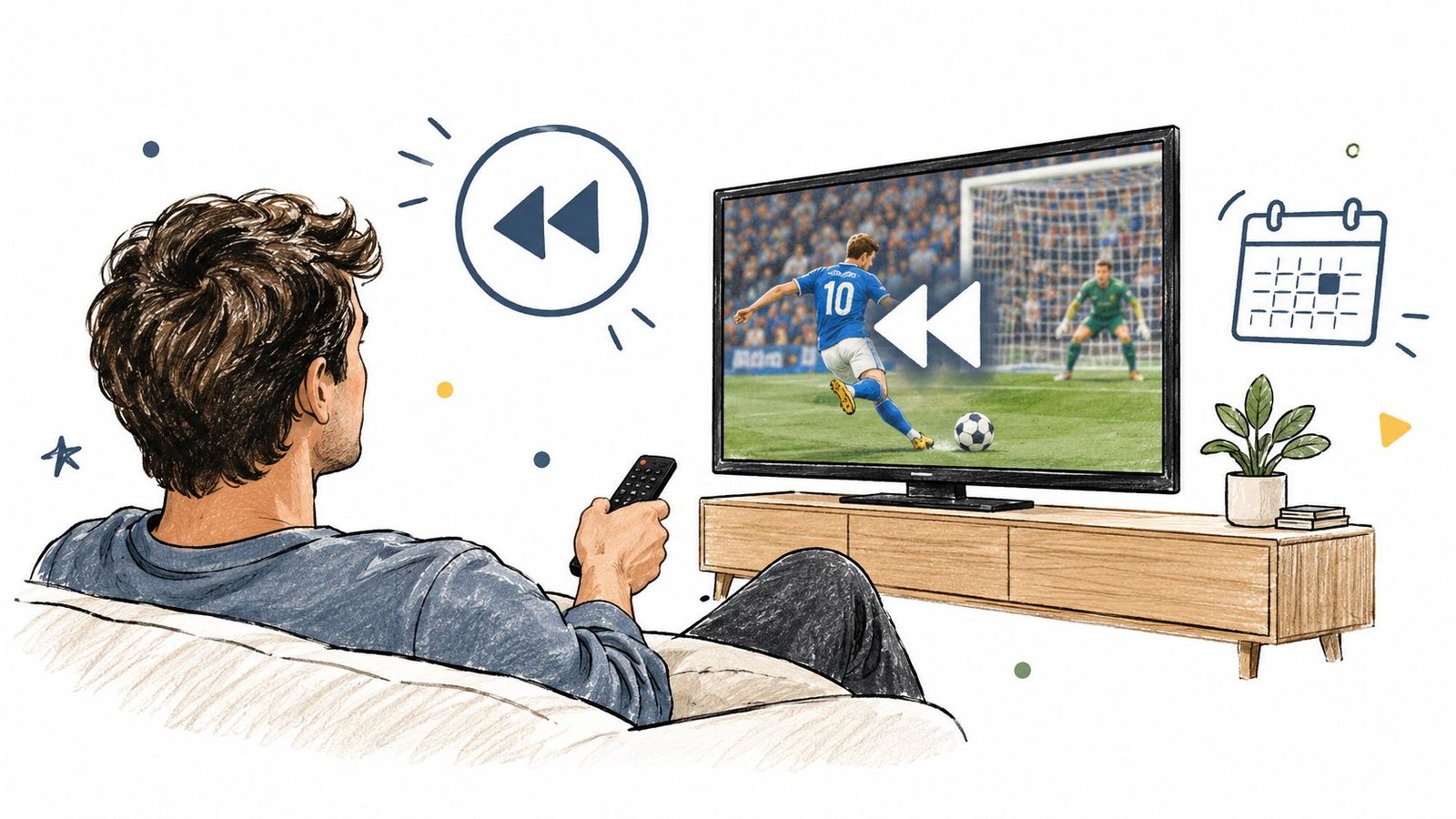 Un homme assis sur un canapé regarde un match de football à la télévision avec une télécommande.