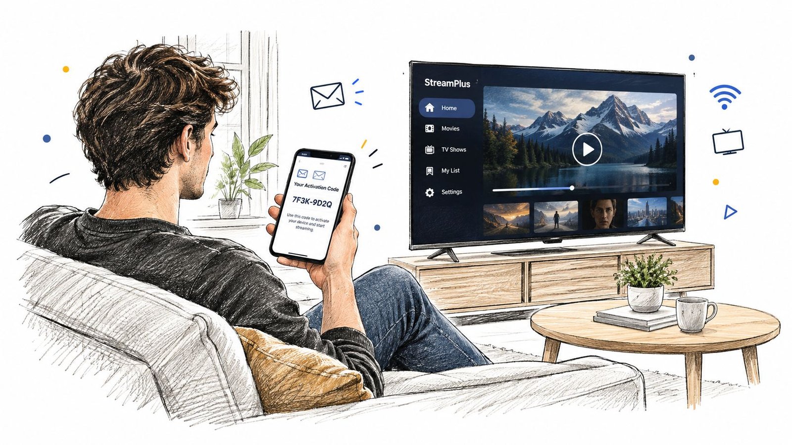 Un homme assis sur son canapé regardant un code d'activation sur son téléphone pour sa télévision connectée.