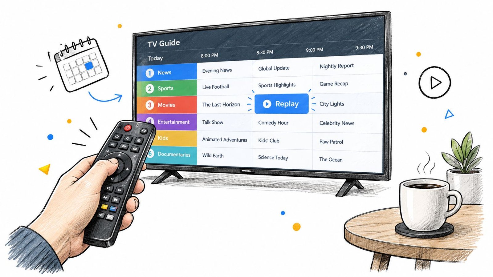 Une main tenant une télécommande devant un écran de télévision affichant un guide TV interactif numérique.